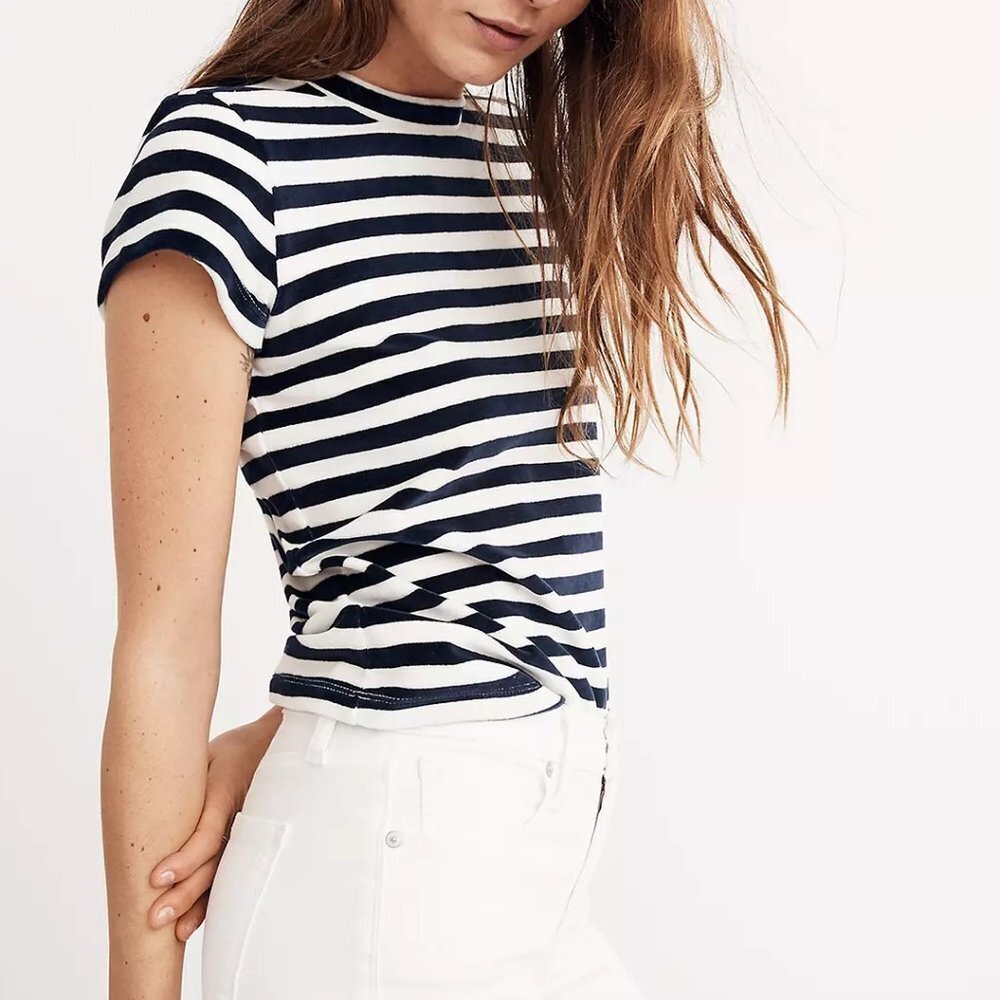 Madewell B/W Meg Stripe Velour Crewneck Tee XXS NWT